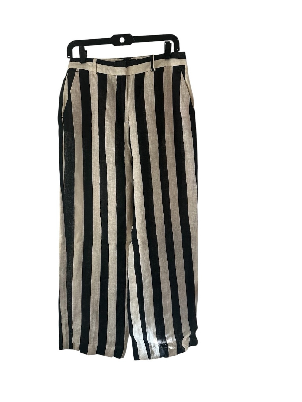 Zara Women’s 100% LINEN STRIPED STRAIGHT LEG PANTS Black & Cream